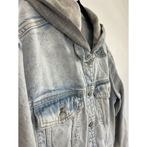 Free People Brando Denim Jean Jacket Hoodie in Malta Wash Women’s Size Large - Picture 9 of 10